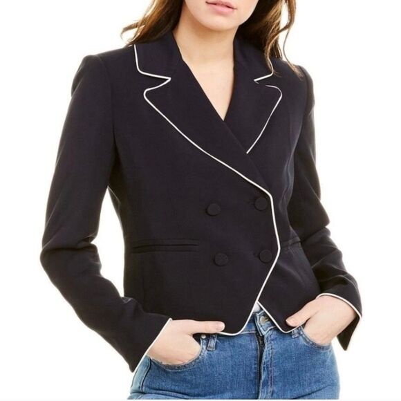 Frame Piped Cropped Blazer women's 6 navy blue double breasted - Picture 1 of 9